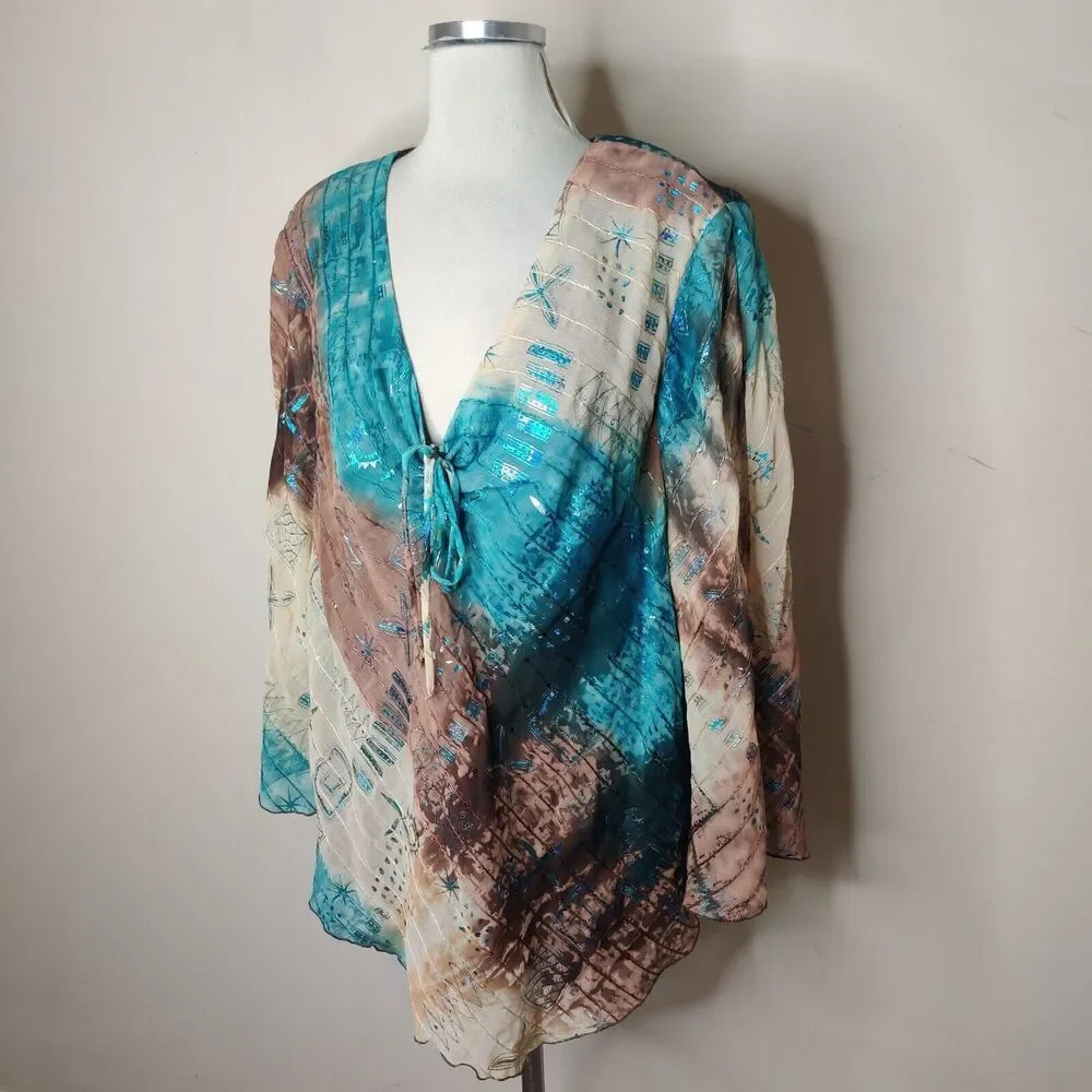 R&M Richards Tunic Top Embroidered‎ Blue Metallic Bell Sleeve